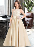 Jazlynn Ball-Gown/Princess Scoop Neck Floor-Length Satin Lace Junior Bridesmaid Dress STIP0013374