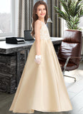 Jazlynn Ball-Gown/Princess Scoop Neck Floor-Length Satin Lace Junior Bridesmaid Dress STIP0013374