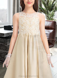 Jazlynn Ball-Gown/Princess Scoop Neck Floor-Length Satin Lace Junior Bridesmaid Dress STIP0013374