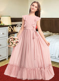 Pru A-Line Scoop Neck Floor-Length Chiffon Junior Bridesmaid Dress With Bow(s) Cascading Ruffles STIP0013375