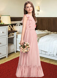 Pru A-Line Scoop Neck Floor-Length Chiffon Junior Bridesmaid Dress With Bow(s) Cascading Ruffles STIP0013375