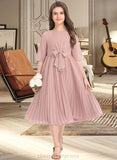 Nina A-Line Scoop Neck Knee-Length Chiffon Junior Bridesmaid Dress With Bow(s) Pleated STIP0013377