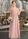 Laura A-Line V-neck Floor-Length Chiffon Junior Bridesmaid Dress With Ruffle Bow(s) STIP0013378