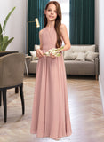 Jamie A-Line Scoop Neck Floor-Length Chiffon Junior Bridesmaid Dress With Ruffle Bow(s) STIP0013380