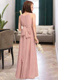 Jamie A-Line Scoop Neck Floor-Length Chiffon Junior Bridesmaid Dress With Ruffle Bow(s) STIP0013380