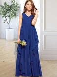 Kamila A-Line V-neck Floor-Length Chiffon Junior Bridesmaid Dress With Cascading Ruffles STIP0013381