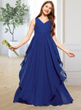 Kamila A-Line V-neck Floor-Length Chiffon Junior Bridesmaid Dress With Cascading Ruffles STIP0013381