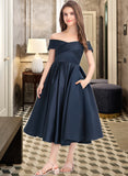 Lilith A-Line Off-the-Shoulder Tea-Length Satin Junior Bridesmaid Dress With Ruffle Pockets STIP0013383