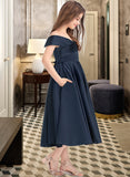 Lilith A-Line Off-the-Shoulder Tea-Length Satin Junior Bridesmaid Dress With Ruffle Pockets STIP0013383