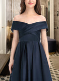 Lilith A-Line Off-the-Shoulder Tea-Length Satin Junior Bridesmaid Dress With Ruffle Pockets STIP0013383