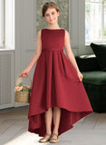 Elisabeth A-Line Scoop Neck Asymmetrical Satin Junior Bridesmaid Dress With Ruffle Pockets STIP0013385