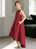 Elisabeth A-Line Scoop Neck Asymmetrical Satin Junior Bridesmaid Dress With Ruffle Pockets STIP0013385