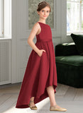 Elisabeth A-Line Scoop Neck Asymmetrical Satin Junior Bridesmaid Dress With Ruffle Pockets STIP0013385