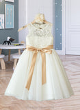 Sara A-Line Scoop Neck Knee-Length Tulle Junior Bridesmaid Dress With Sash Bow(s) STIP0013387