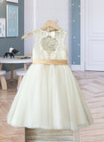 Sara A-Line Scoop Neck Knee-Length Tulle Junior Bridesmaid Dress With Sash Bow(s) STIP0013387