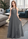 Kaleigh A-Line Scoop Neck Floor-Length Chiffon Lace Junior Bridesmaid Dress With Cascading Ruffles STIP0013389