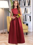 Amiah A-Line Scoop Neck Floor-Length Satin Junior Bridesmaid Dress With Bow(s) Pockets STIP0013391