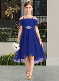 Jaylene A-Line Off-the-Shoulder Asymmetrical Chiffon Junior Bridesmaid Dress With Beading Bow(s) STIP0013392