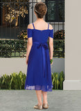 Jaylene A-Line Off-the-Shoulder Asymmetrical Chiffon Junior Bridesmaid Dress With Beading Bow(s) STIP0013392