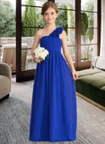 Patience A-Line One-Shoulder Floor-Length Chiffon Junior Bridesmaid Dress With Ruffle Flower(s) STIP0013393