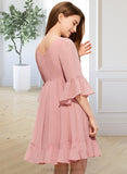 Joslyn A-Line V-neck Knee-Length Chiffon Junior Bridesmaid Dress With Cascading Ruffles STIP0013396