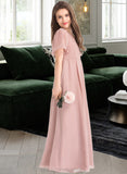 Deanna A-Line V-neck Floor-Length Chiffon Junior Bridesmaid Dress With Bow(s) STIP0013399