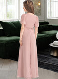 Deanna A-Line V-neck Floor-Length Chiffon Junior Bridesmaid Dress With Bow(s) STIP0013399