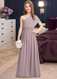 Desirae A-Line One-Shoulder Floor-Length Chiffon Junior Bridesmaid Dress With Ruffle STIP0013400