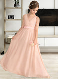 Lyric A-Line V-neck Floor-Length Chiffon Junior Bridesmaid Dress With Ruffle Bow(s) STIP0013402