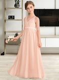 Lyric A-Line V-neck Floor-Length Chiffon Junior Bridesmaid Dress With Ruffle Bow(s) STIP0013402