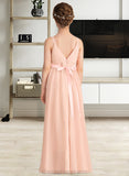 Lyric A-Line V-neck Floor-Length Chiffon Junior Bridesmaid Dress With Ruffle Bow(s) STIP0013402