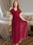 Amelia A-Line V-neck Floor-Length Chiffon Junior Bridesmaid Dress With Ruffle STIP0013405