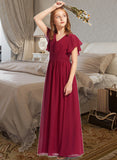 Amelia A-Line V-neck Floor-Length Chiffon Junior Bridesmaid Dress With Ruffle STIP0013405