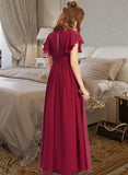 Amelia A-Line V-neck Floor-Length Chiffon Junior Bridesmaid Dress With Ruffle STIP0013405