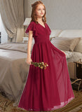 Amelia A-Line V-neck Floor-Length Chiffon Junior Bridesmaid Dress With Ruffle STIP0013405