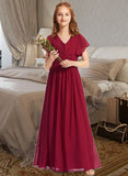 Amelia A-Line V-neck Floor-Length Chiffon Junior Bridesmaid Dress With Ruffle STIP0013405