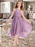 Nicky A-Line Scoop Neck Tea-Length Chiffon Junior Bridesmaid Dress With Ruffle Beading Bow(s) STIP0013406