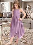 Nicky A-Line Scoop Neck Tea-Length Chiffon Junior Bridesmaid Dress With Ruffle Beading Bow(s) STIP0013406