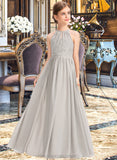 Allison A-Line Scoop Neck Floor-Length Chiffon Lace Junior Bridesmaid Dress With Ruffle STIP0013409