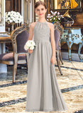 Allison A-Line Scoop Neck Floor-Length Chiffon Lace Junior Bridesmaid Dress With Ruffle STIP0013409