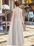 Allison A-Line Scoop Neck Floor-Length Chiffon Lace Junior Bridesmaid Dress With Ruffle STIP0013409