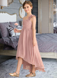 Thea A-Line One-Shoulder Asymmetrical Chiffon Junior Bridesmaid Dress With Ruffle Flower(s) Bow(s) STIP0013410