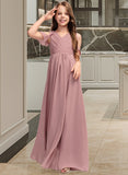 Caitlin A-Line V-neck Floor-Length Chiffon Junior Bridesmaid Dress With Cascading Ruffles STIP0013413