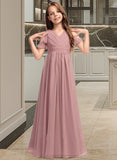 Caitlin A-Line V-neck Floor-Length Chiffon Junior Bridesmaid Dress With Cascading Ruffles STIP0013413