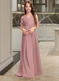 Caitlin A-Line V-neck Floor-Length Chiffon Junior Bridesmaid Dress With Cascading Ruffles STIP0013413