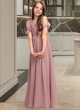 Caitlin A-Line V-neck Floor-Length Chiffon Junior Bridesmaid Dress With Cascading Ruffles STIP0013413