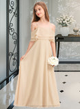 Leticia A-Line Off-the-Shoulder Floor-Length Chiffon Junior Bridesmaid Dress With Cascading Ruffles STIP0013419