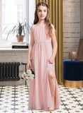 Alicia A-Line Scoop Neck Floor-Length Chiffon Junior Bridesmaid Dress With Ruffle Split Front STIP0013425