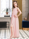 Alicia A-Line Scoop Neck Floor-Length Chiffon Junior Bridesmaid Dress With Ruffle Split Front STIP0013425