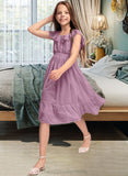 Ellen A-Line Scoop Neck Knee-Length Chiffon Junior Bridesmaid Dress With Bow(s) Cascading Ruffles STIP0013426